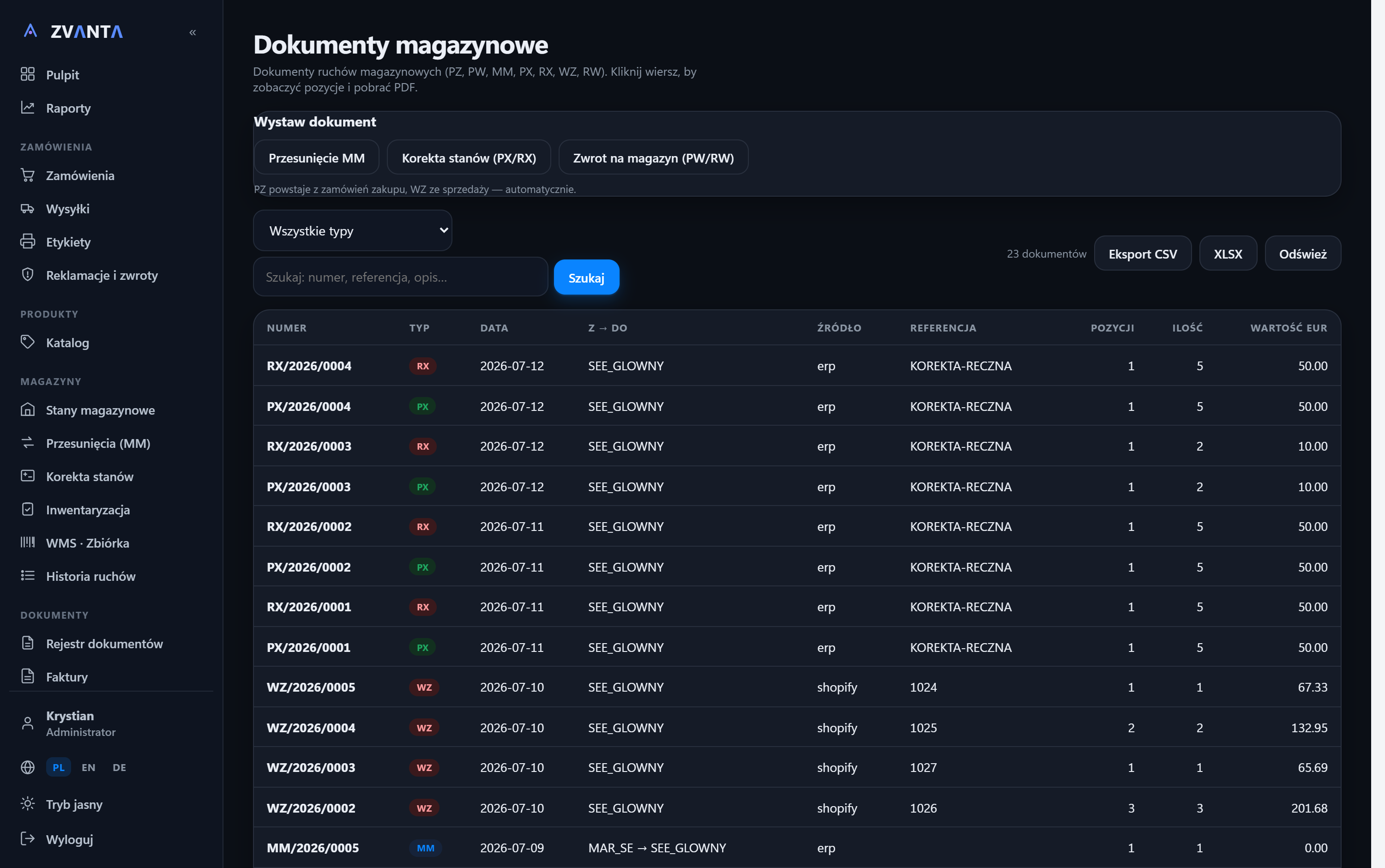 ZVANTA — księga i dokumenty (ERP)