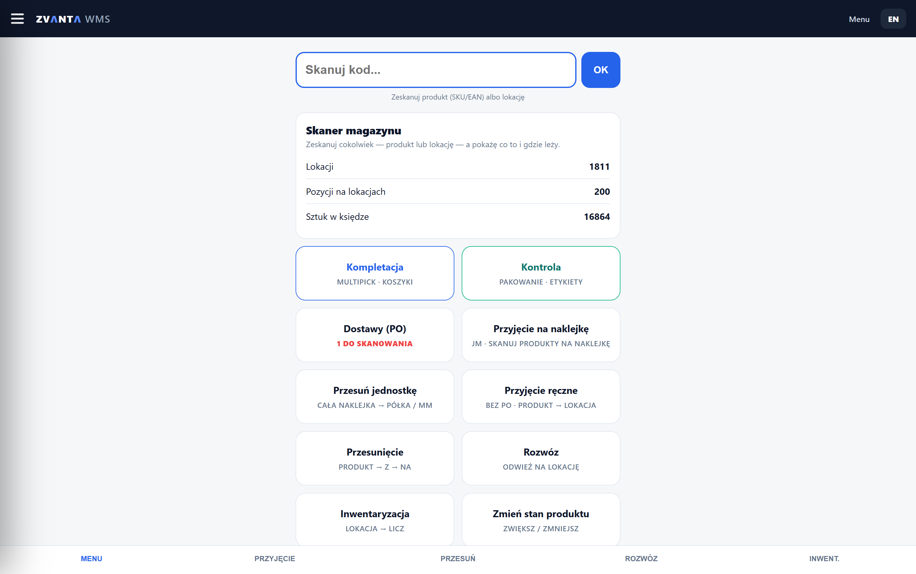 ZVANTA — skaner magazynu — tryby pracy operatora