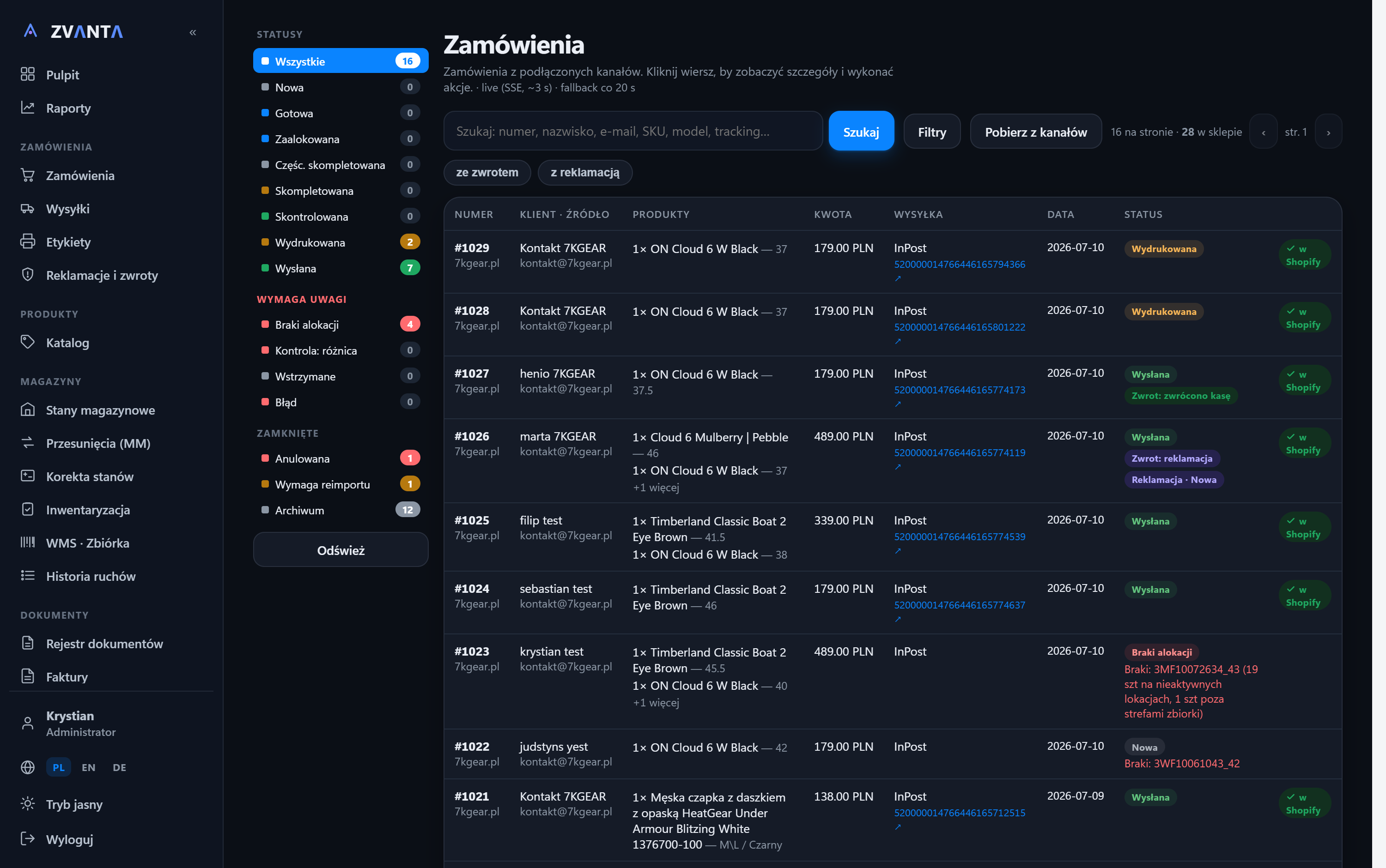 ZVANTA — panel zamówień (OMS)